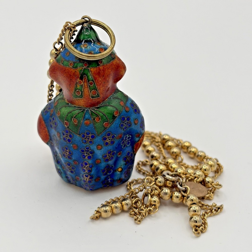 Vintage Les Bernard Cloisonne Enamel Monkey Peach Pendant Necklace Gold Tone - Picture 5 of 7